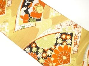 アンティーク　地紙に花唐草・菊模様織り出し袋帯（着用可）